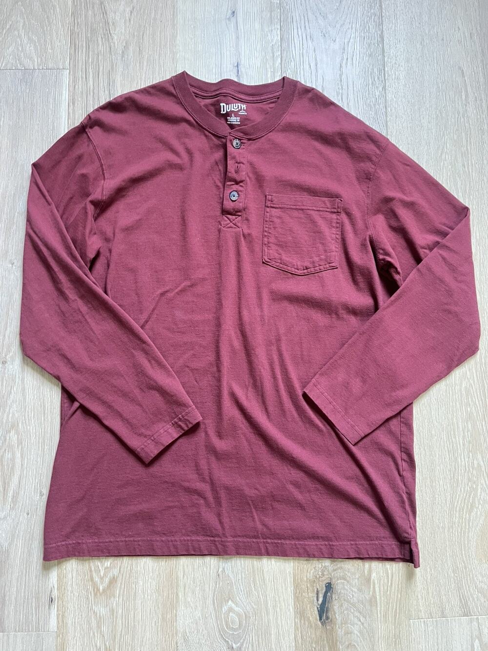 Duluth Henley Neck Long Sleeve Shirt Maroon L Relaxed Fit Casual LongTail Tv